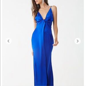 Forever 21 bright blue satin maxi prom dress ball gown knot V-neck sleeveless SM
